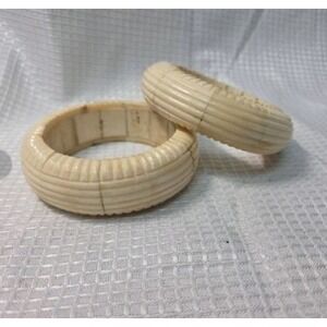 Vintage Carved  Bangle Bracelets Pair Chunky Ivory Color Boho Mid Century